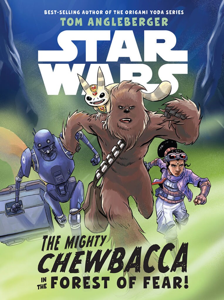 The cover of the book The Mighty Chewbacca in the Forest of Fear!, by Tom Angleberger, shows Chewbacca with a tooka cat on his back running alongside K-2SO and Mayvlin Trillick.