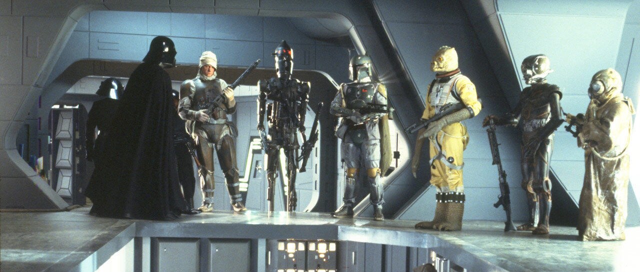 Darth Vader addressing various bounty hunters aboard his Super Star Destroyer