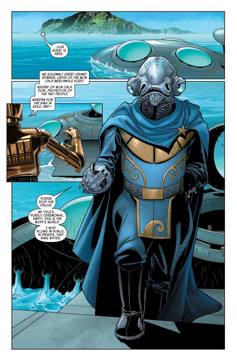 C-3PO greets Grand Admiral Uritya in a series of comic panels.