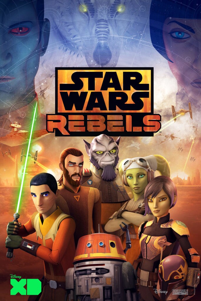 Star Wars Rebels key art shows Ezra, Kanan, Zeb, Hera, Sabine, and Chopper standing together while Grand Admiral Thrawn, Arihnda Pryce, and a Loth-wolf loom above them.