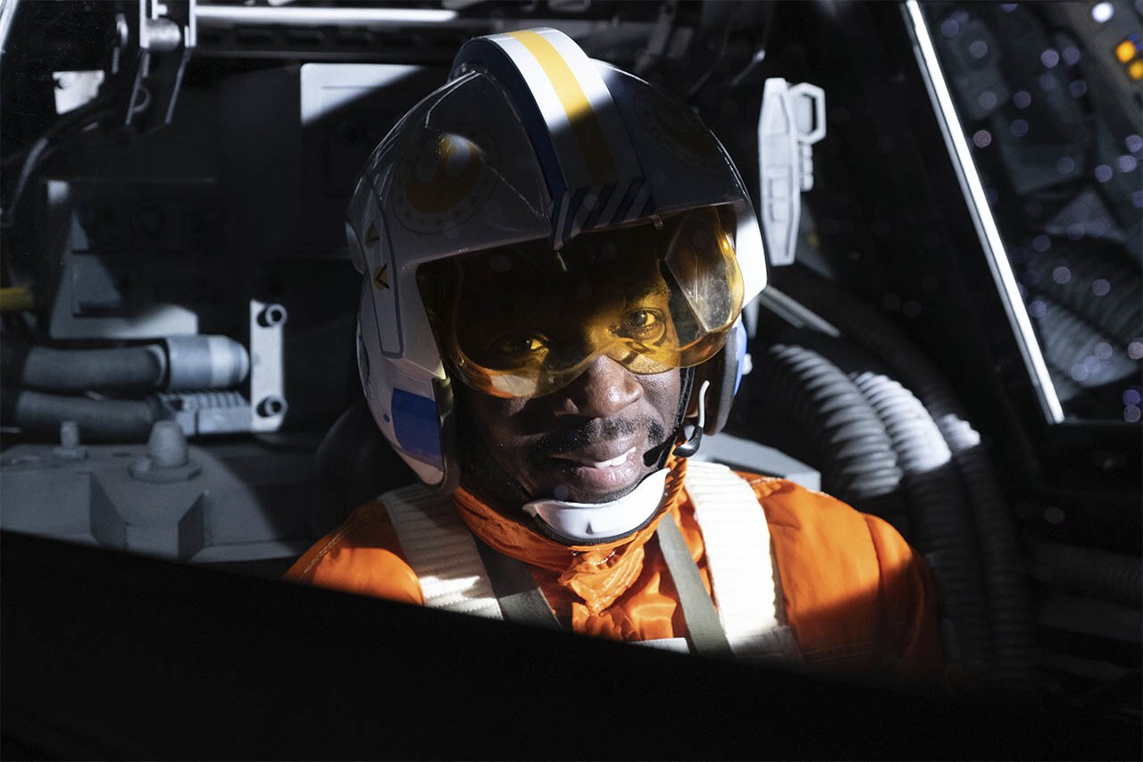Rick Famuyiwa behind the scenes in an X-Wing for The Mandalorian