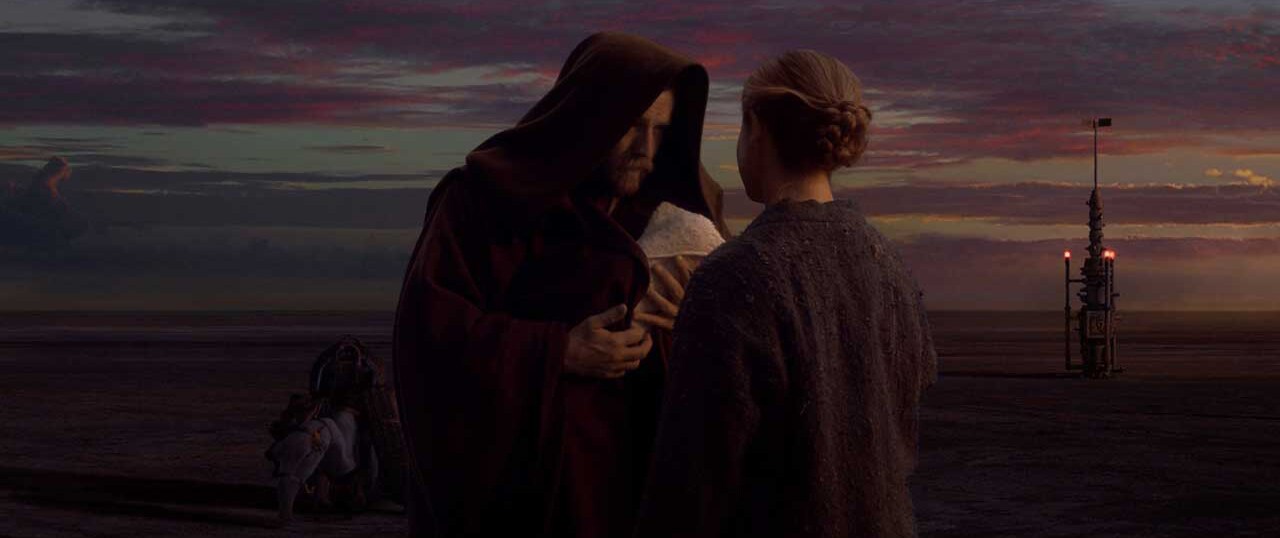Obi-Wan giving a baby Luke to Beru