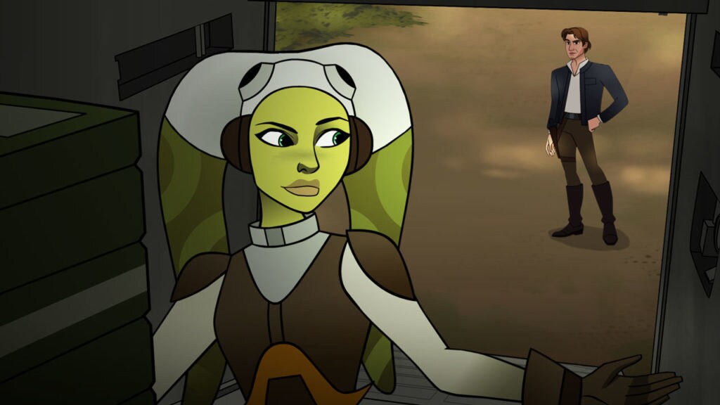 Hera boards a ship while Han watches her from the ground in Forces of Destiny.