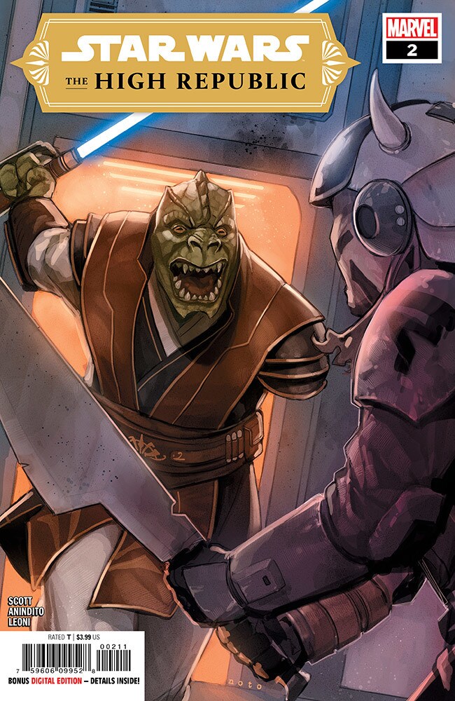 The one-armed Jedi Sskeer charges at a foe on the cover of The High Republic #2.