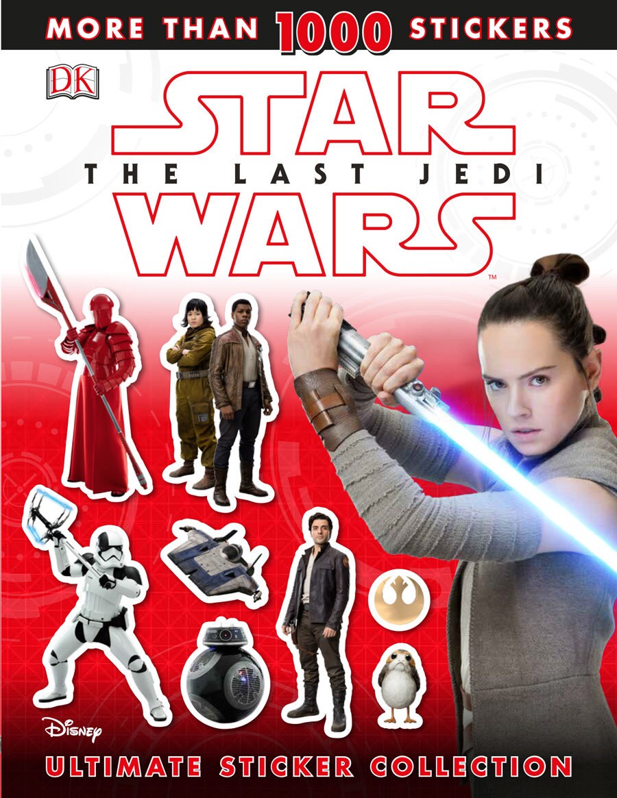 Rey and other characters from The Last Jedi, on the cover a tie-in sticker book.