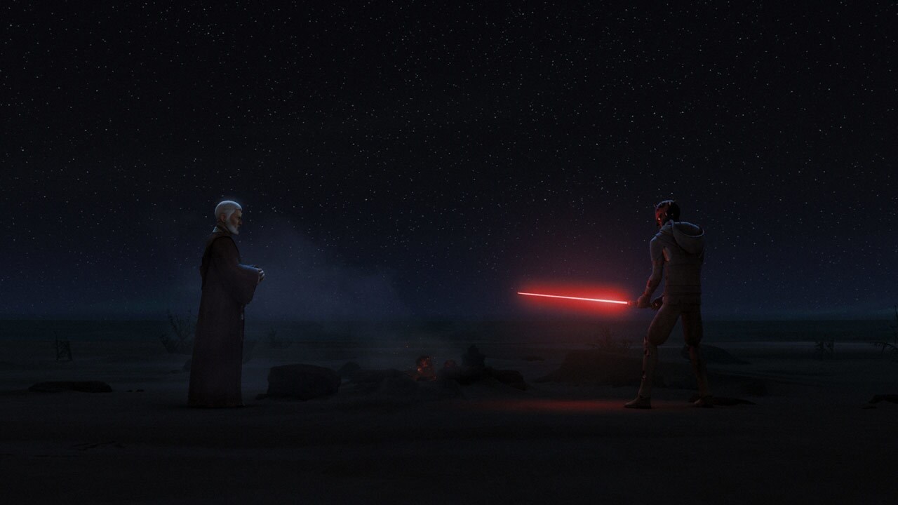 Maul ignites his lightsaber as Obi-Wan looks on in Star Wars Rebels.