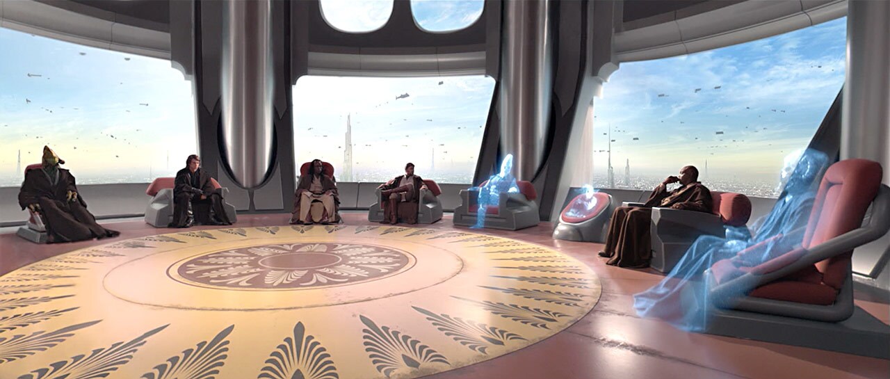 The Jedi Council meets, with some members attending via hologram.