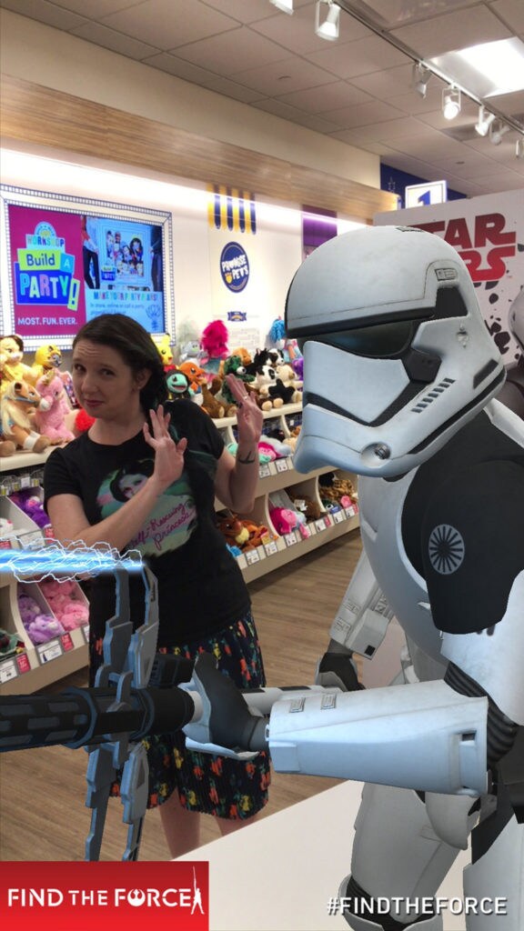 Amy Ratcliffe takes part in Find the Force scavenger hunt and finds a First Order stormtrooper executioner in a Build-A-Bear store.
