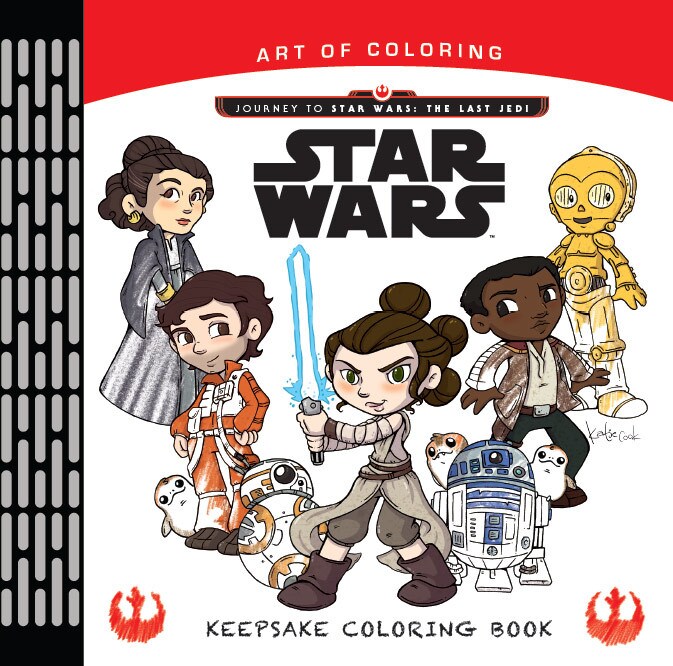 The cover of the Star Wars Keepsake Coloring Book features Rey, Finn, Poe, C-3PO, Leia, R2-D2, BB-8, and porgs.