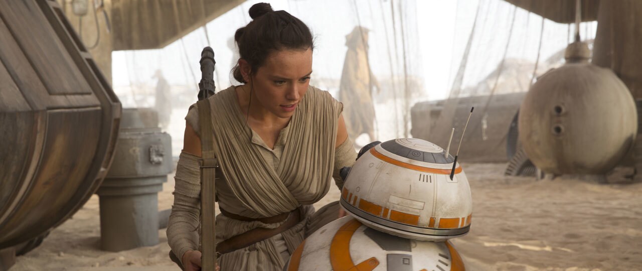 Rey and BB-8 in Star Wars: The Force Awakens.