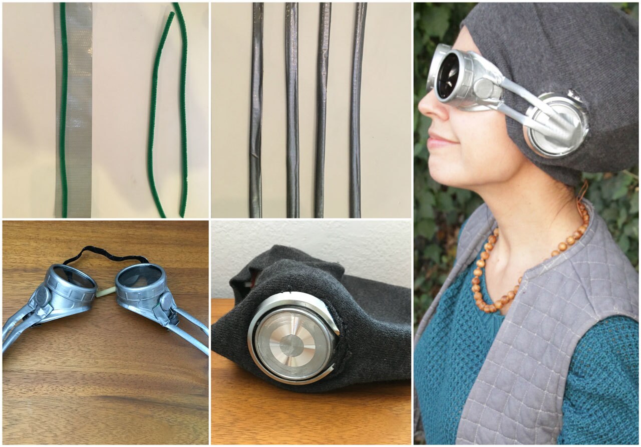 DIY Maz Kanata goggles made with pipe cleaners in various stages of construction.