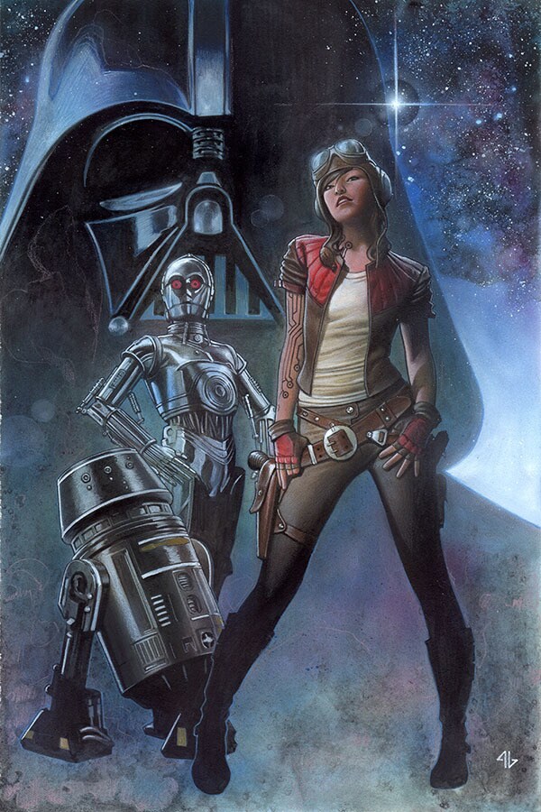 Darth Vader looms large behind Dr. Aphra and assassin droids 0-0-0 and BT-1 in the cover art for an issue of the Marvel comic book series Darth Vader.