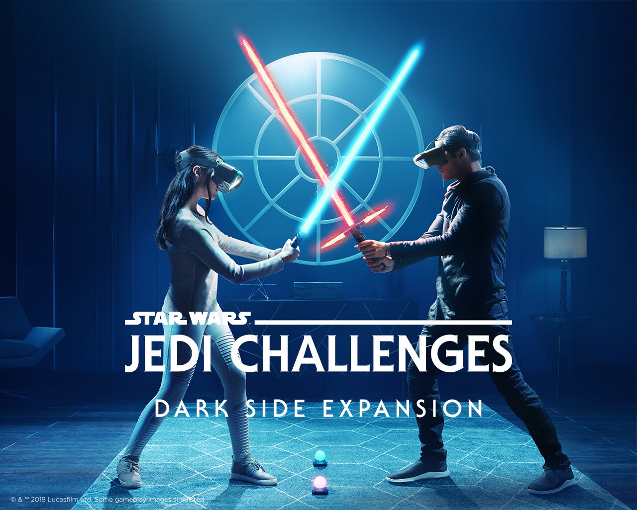 Two players cross lightsabers while playing Star Wars: Jedi Challenges.