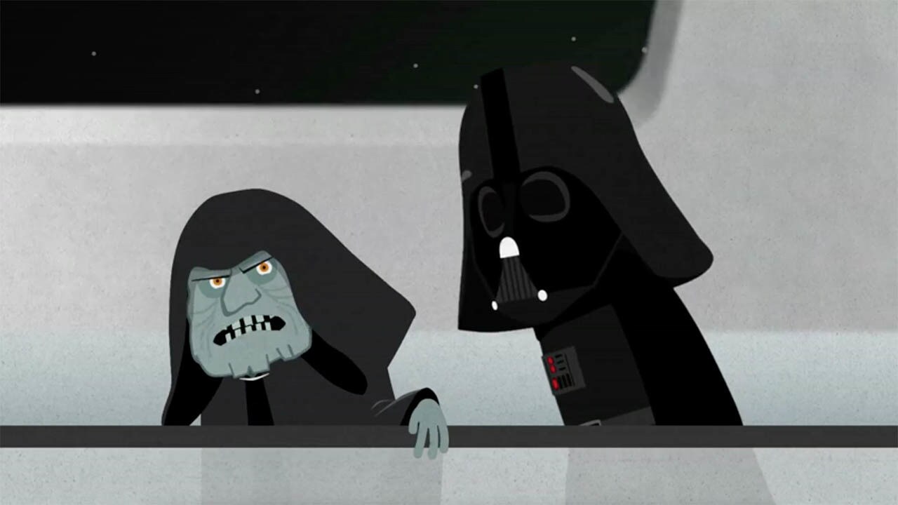 Darth Vader and Emperor Palpatine ride through the Death Star in "Star Wars: A New Employee Orientation."