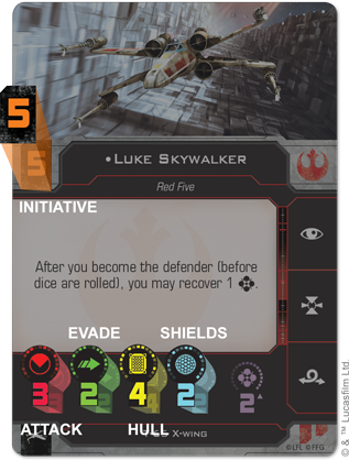 A card with Luke Skywalker's stats in Star Wars: X-Wing - Second Edition.