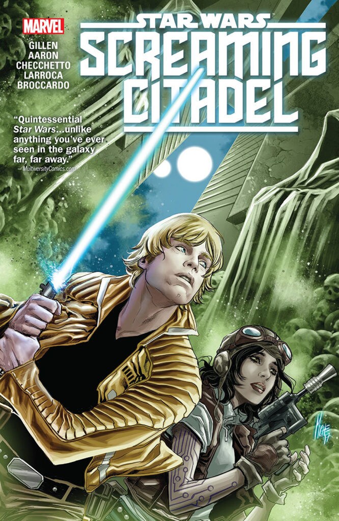 Luke and Aphra, side by side, ready their weapons on the cover of Star Wars: Screaming Citadel.