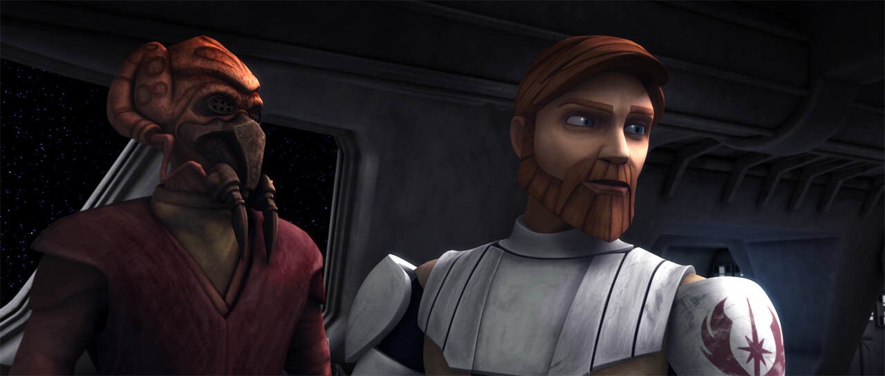 Plo Koon and Obi-Wan Kenobi stand next to each other in The Clone Wars.
