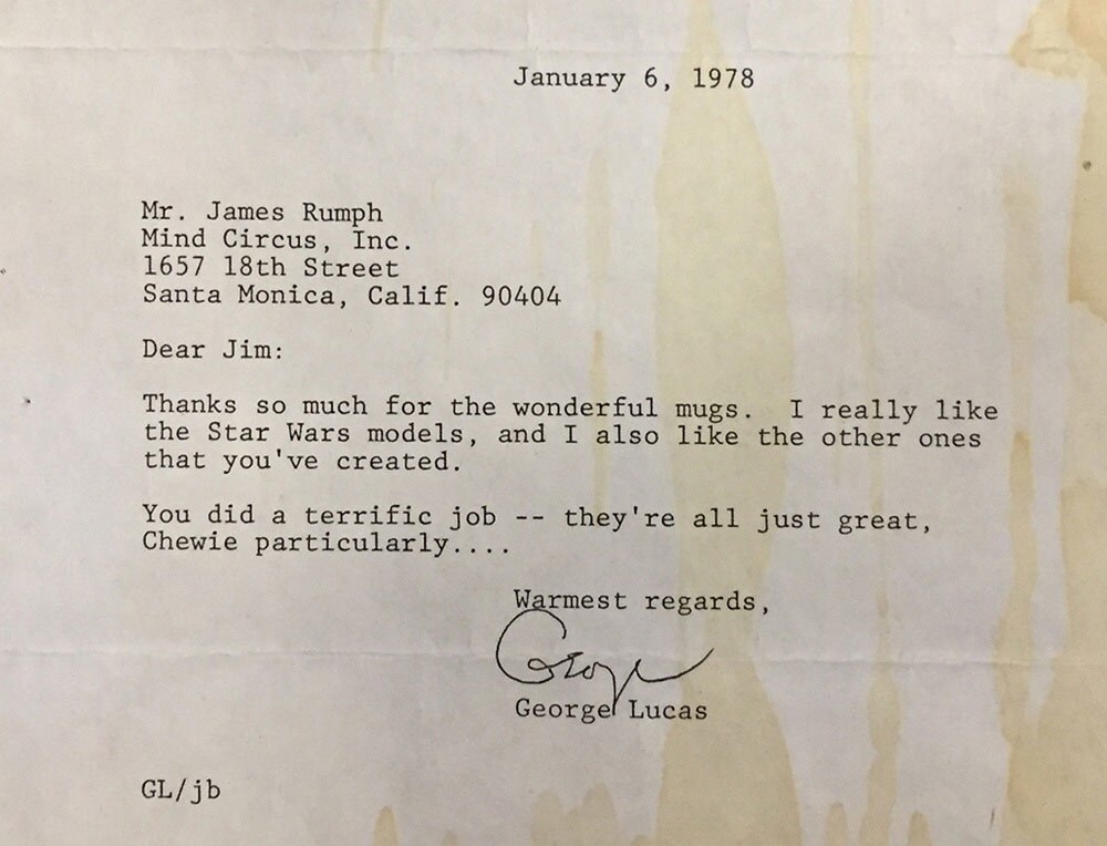 A 1968 letter from George Lucas thanking James Rumph for his Star Wars inspired mugs, particularly the Chewbacca design.