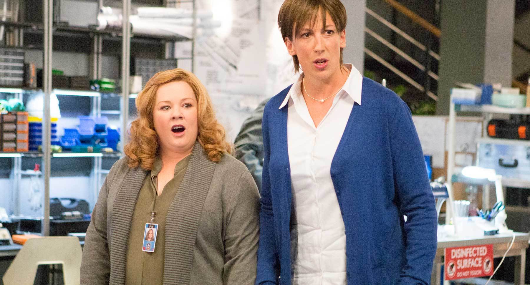 Melissa McCarthy (as Susan Cooper) and Miranda Hart (as Nancy B. Artingstall) in "Spy"