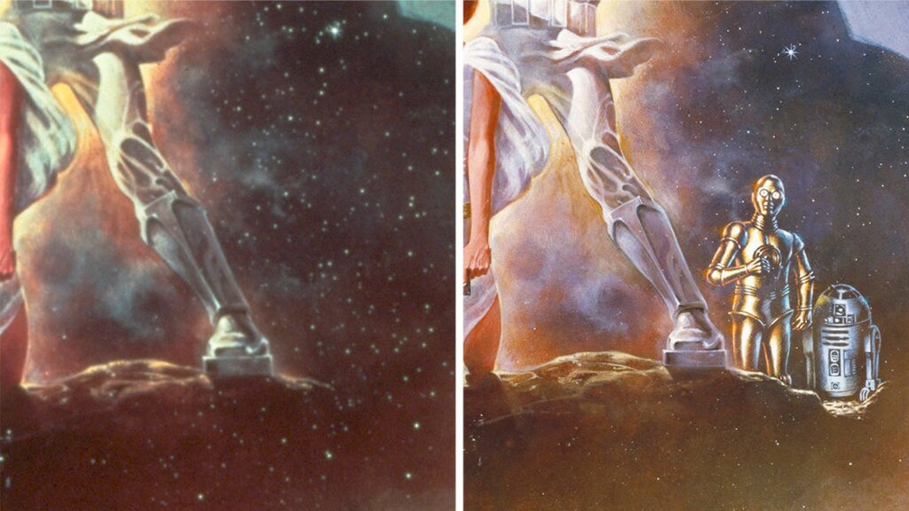 A split image shows a section of the original poster for A New Hope. The left side shows part of Luke and Leia's legs standing on a rock with a starry background. The right side shows the same image with the addition of C-3PO and R2-D2 standing together in the background.