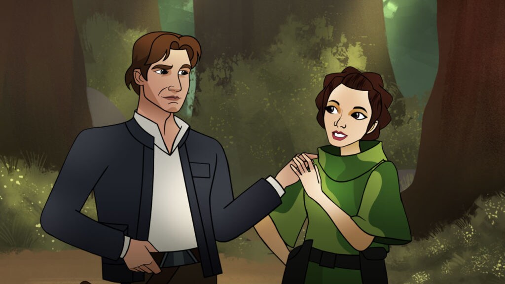 Han Solo and Princess Leia from Star Wars Forces of Destiny stand together on the forest moon of Endor.