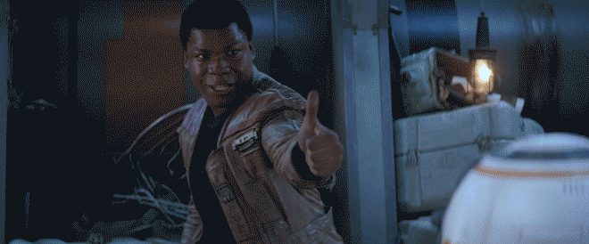 A video GIF shows Finn and BB-8 giving each other a thumbs-up in The Force Awakens.