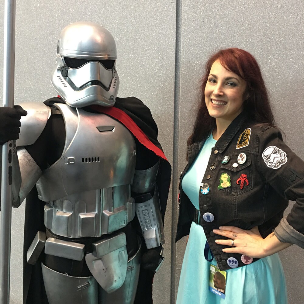 A cosplayer is shown in and out of the Captain Phasma costume she created in a split screen image.