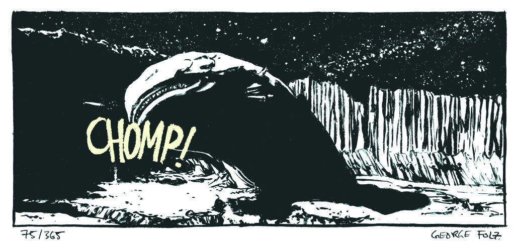 The space slug from The Empire Strikes Back, drawn in a comic book-style panel by George Folz.