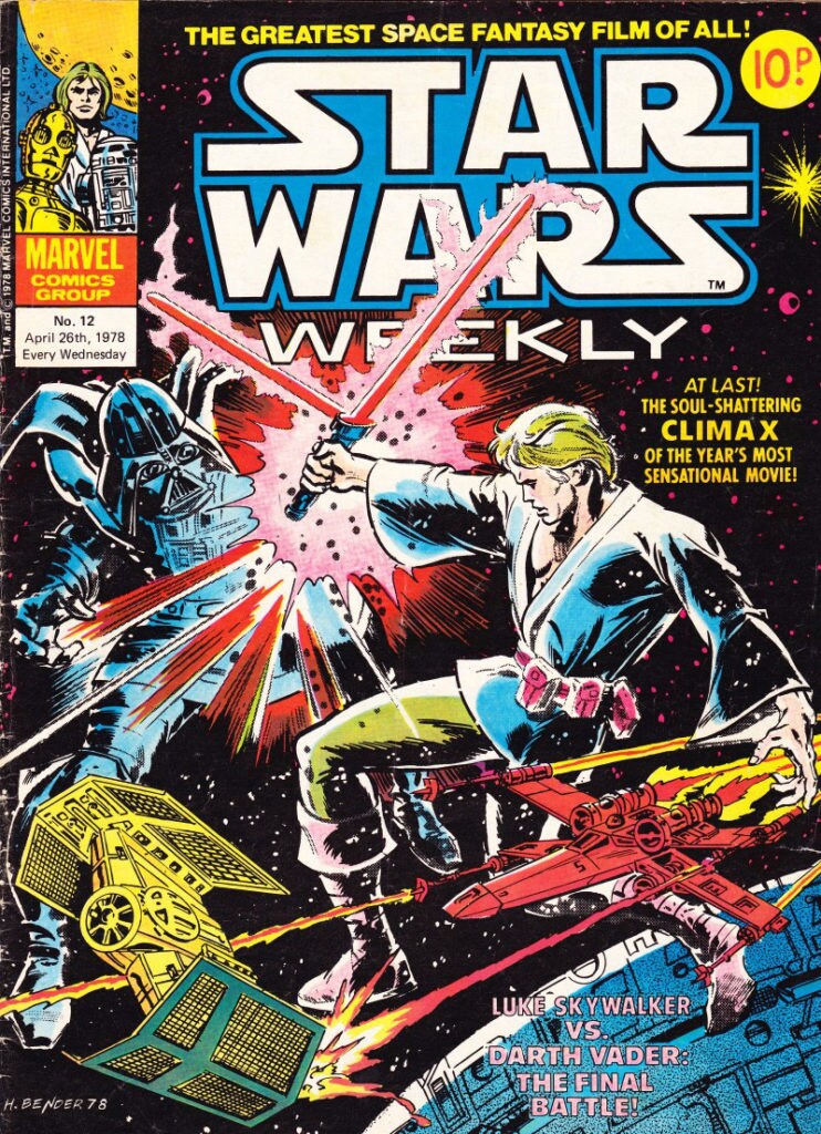 Luke Skywalker and Darth Vader face off with their lightsabers on the cover of Star Wars Weekly issue 12.