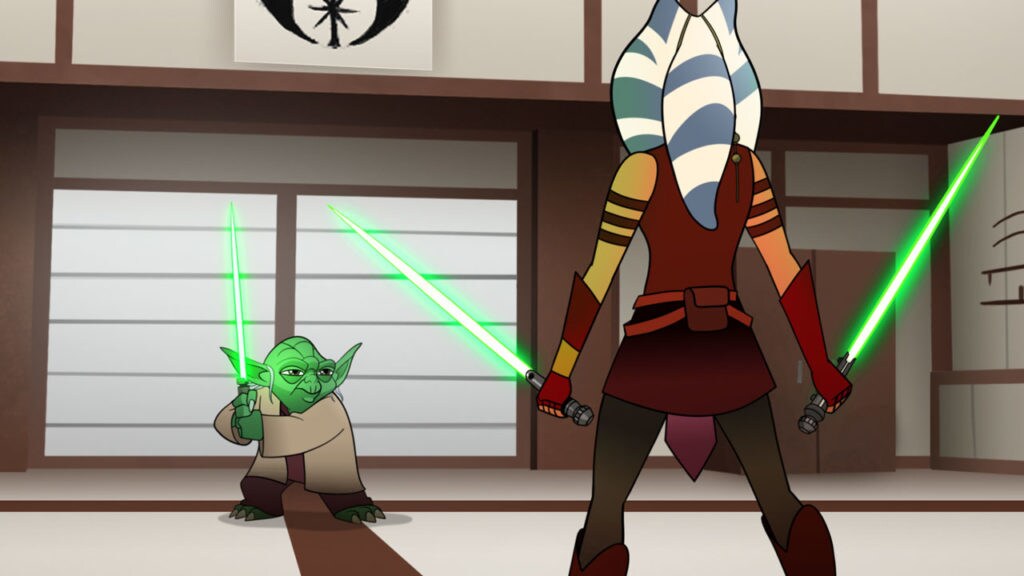 Yoda teaches Ahsoka Tano how to use her two lightsabers against his one lightsaber in Star Wars Forces of Destiny.