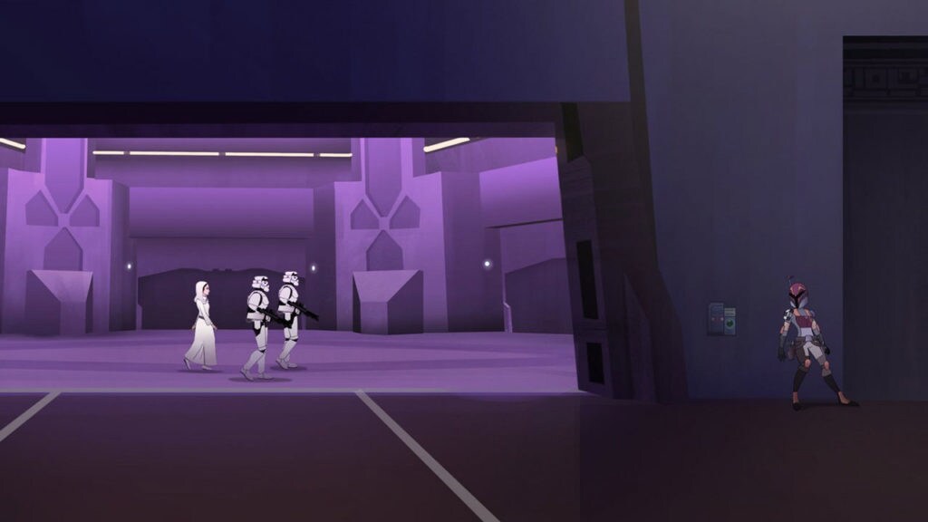 Princess Leia is escorted by two stormtroopers while Sabine Wren, in Mandalorian armor, hides behind a wall in Star Wars Forces of Destiny.