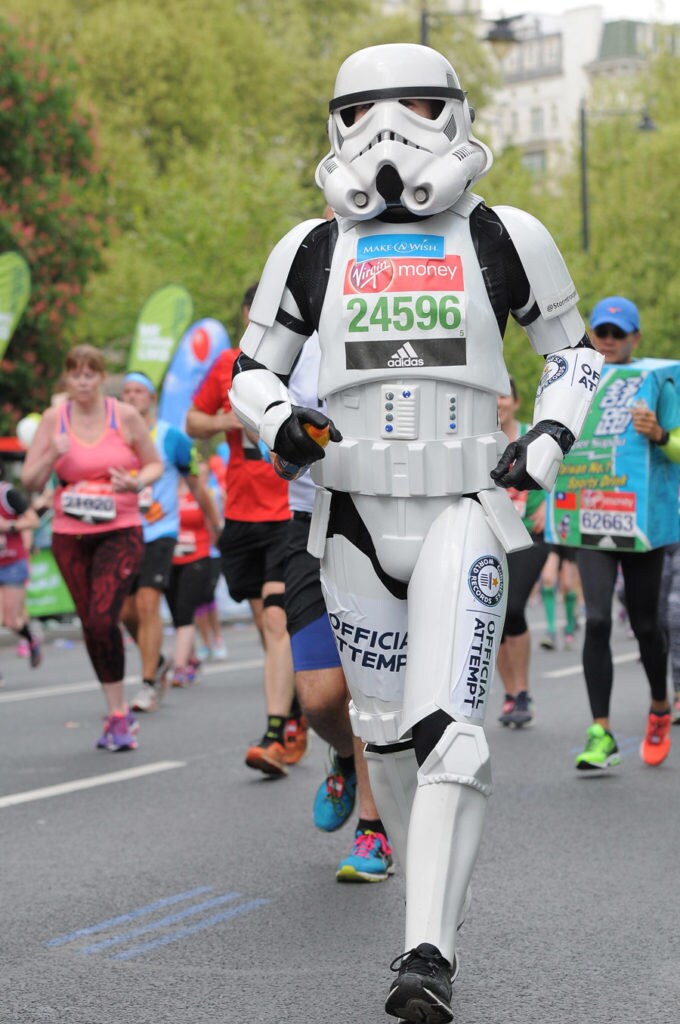 Jez Allinson dressed as a stormtrooper runs in the London Marathon.