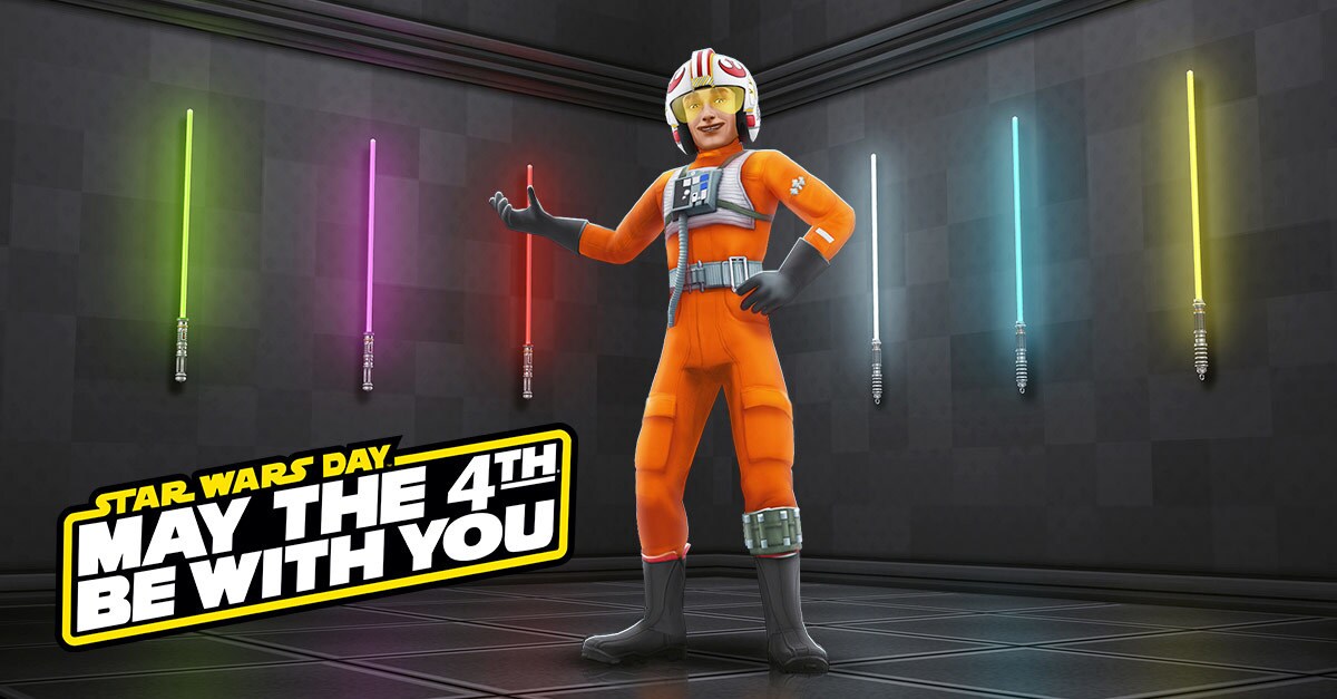 A rebel pilot stands with lightsabers in key art for The Sims Freeplay for Star Wars Day.
