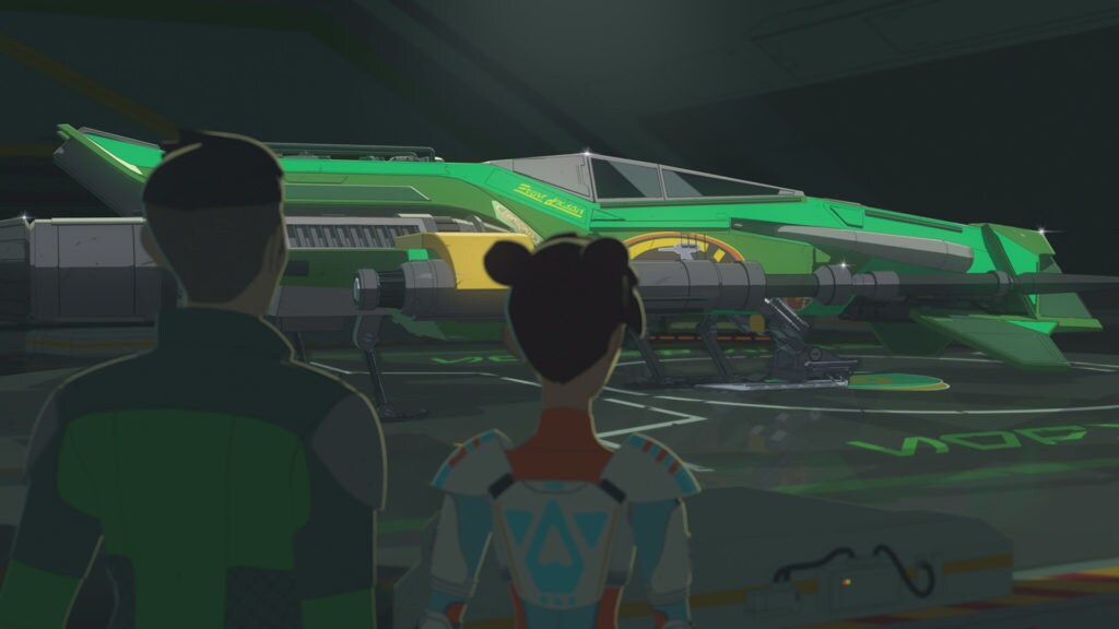 Kaz and Torra enter Hype's hangar in Star Wars Resistance.