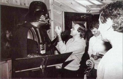 Meco tries to give Darth Vader a voice lesson during a recording session (Photo courtesy Meco via TheForce.net)
