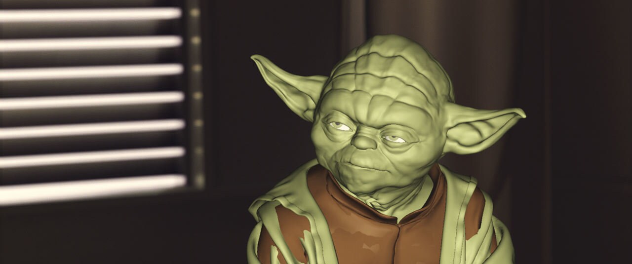 The beginning process of adding color to a digital Yoda in Star Wars: Attack of the Clones