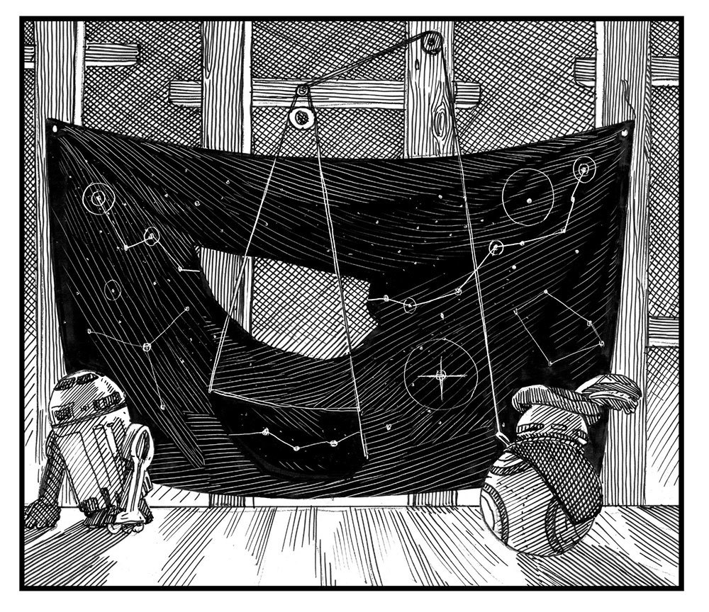 BB-8, in Elizabethan era garb, and R2-D2 look at a star chart hanging from a wall in artwork from William Shakespeare's The Force Doth Awaken: Star Wars Part the Seventh, by Ian Doescher.