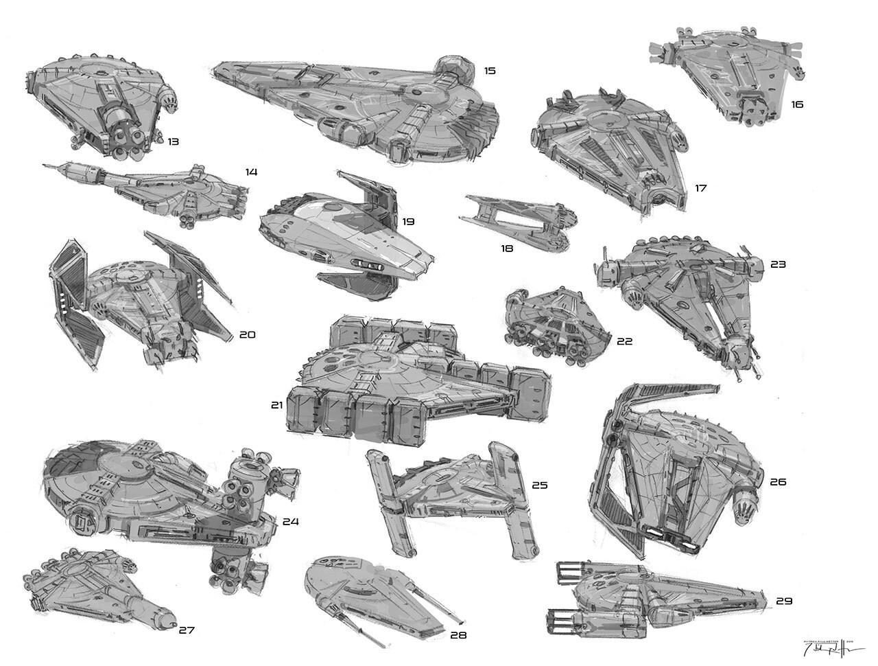 Sketches of the Millennium Falcon for the movie Solo: A Star Wars Story