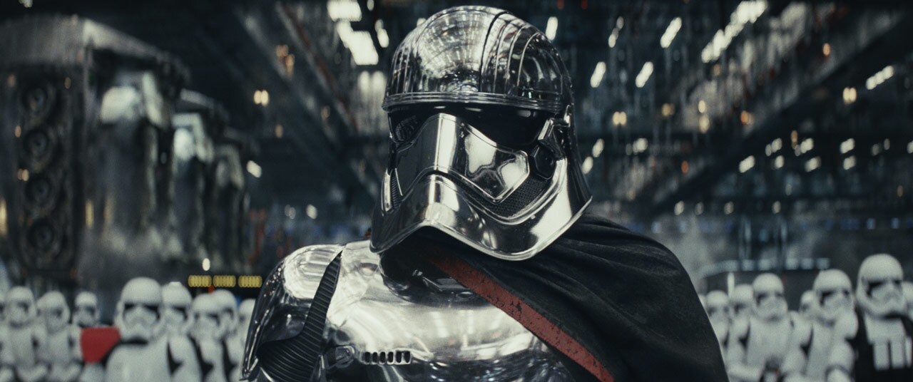 Captain Phasma stands before ranks of stormtroopers.