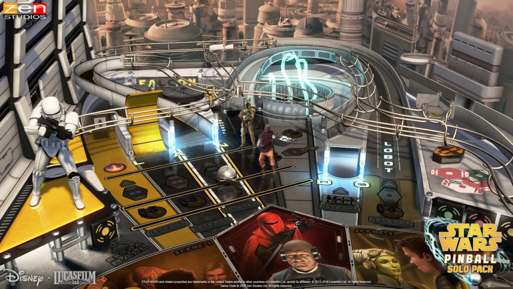 A screenshot of the Calrissian Chronicles table from the Star Wars Pinball: Solo Pack.