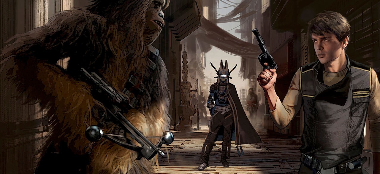 Concept art of Chewbacca and Han with weapons raised as Enfys Nest points a blaster at them from behind.