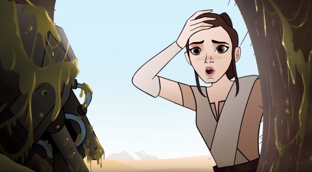 Rey has a look of worry on her face as she puts her hand on her head in Forces of Destiny.