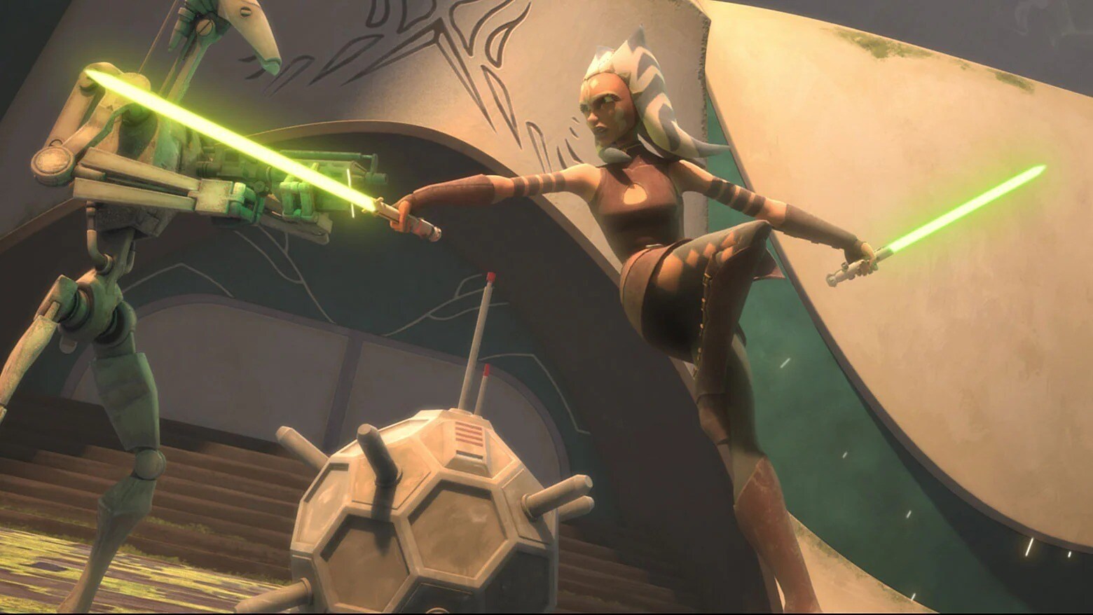 Ahsoka Tano and a battle droid in The Clone Wars