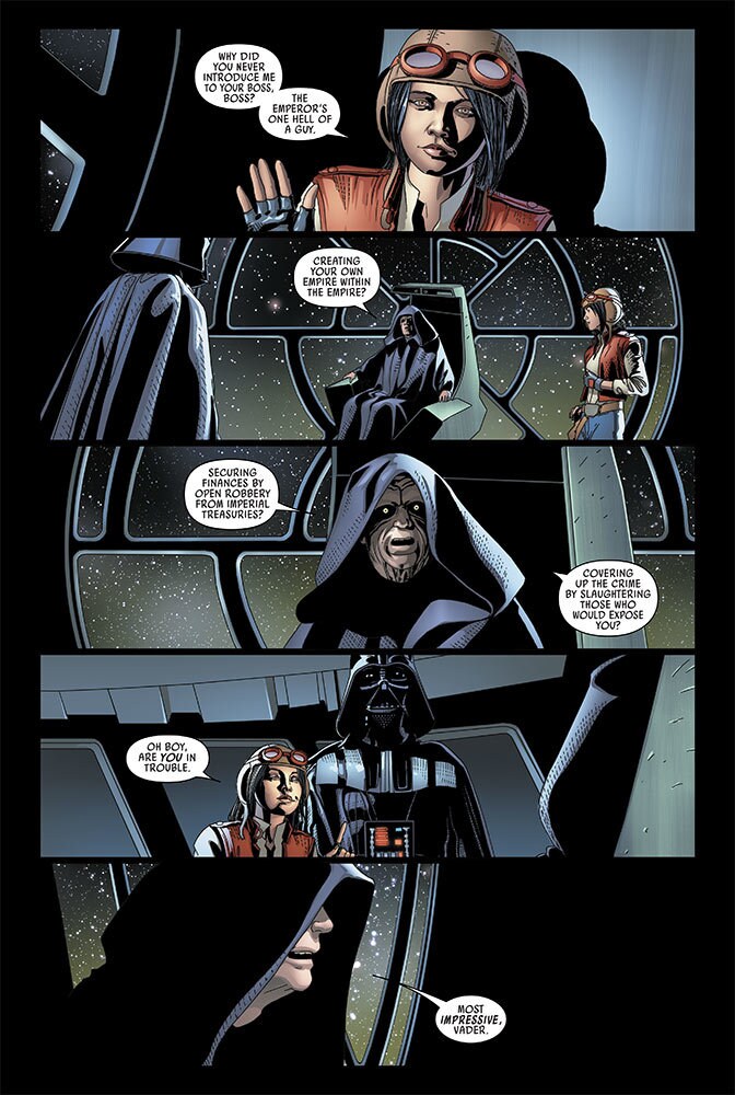 Interior page for Darth Vader comic with Darth Vader, Aphra, and Palpatine