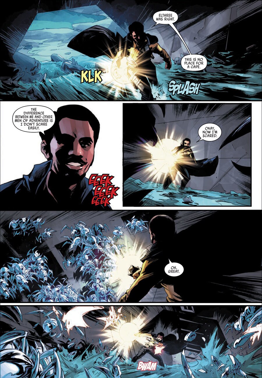 In a series of comic book panels from Lando: Double or Nothing, Lando enters a watery cave, then fights off spider-like creatures.