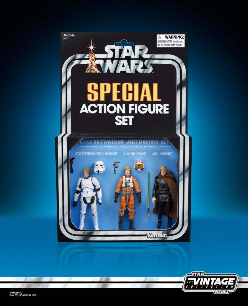 A Luke Skywalker Jedi Destiny action figure set, by Hasbro, complete with three versions of Luke - one in stormtrooper armor, another in an X-wing pilot suit, and a third as a Jedi knight.