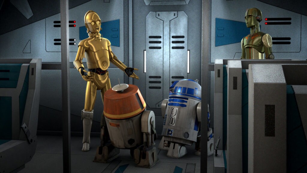 C-3PO, Chopper, R2-D2, and an RQ protocol droid in Star Wars Rebels.