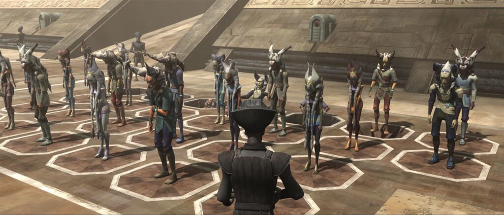 A large group of Togruta slaves, male and female, gathered together in The Clone Wars.