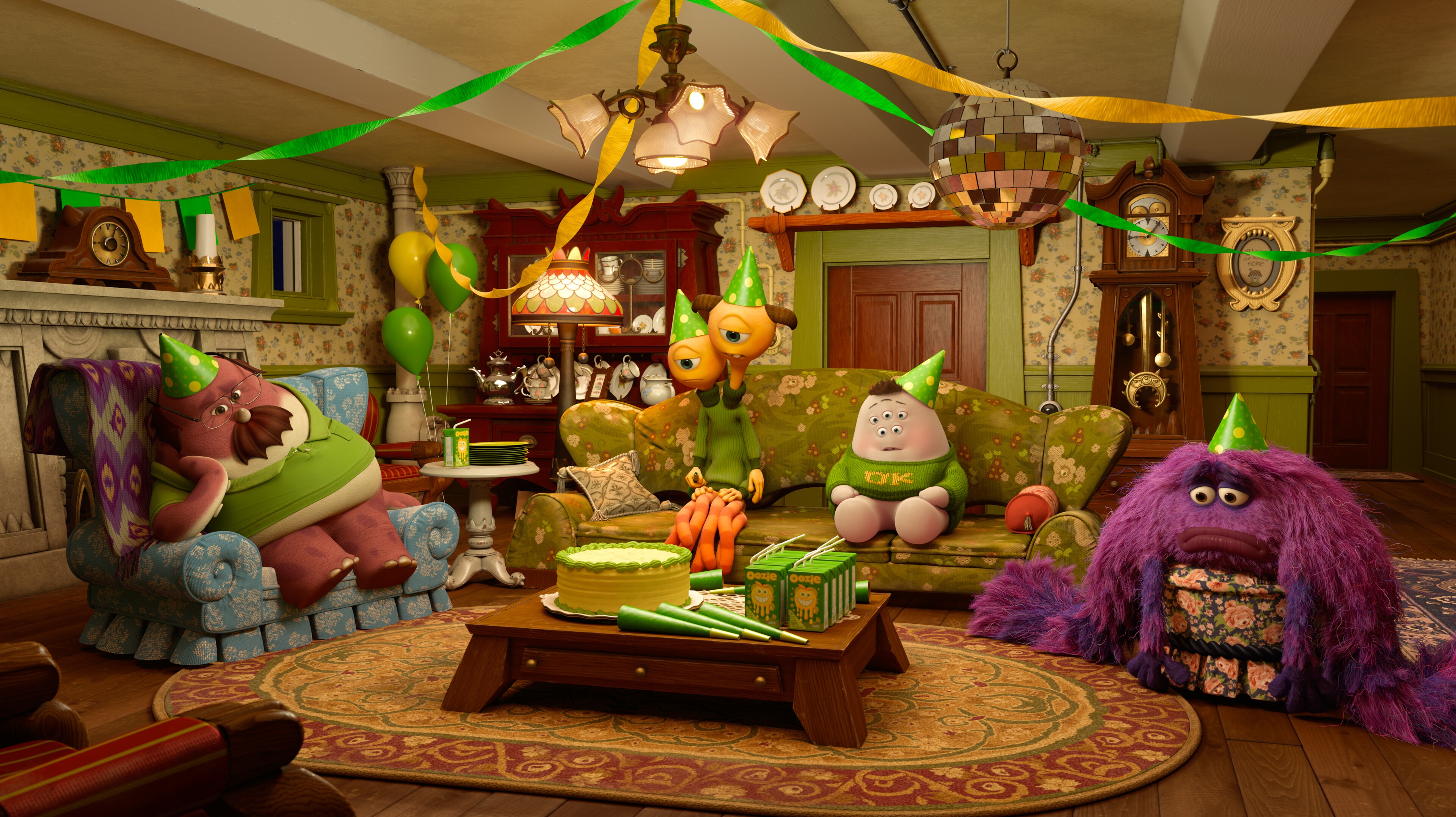 Mike (voiced by Billy Crystal), Sully (voiced by John Goodman), Terry (voiced by Dave Foley), Terri (voiced by Sean Hayes), Don (voiced by Joel Murray), and Squishy (voiced by Peter Sohn) in the Disney•Pixar movie Party Central.