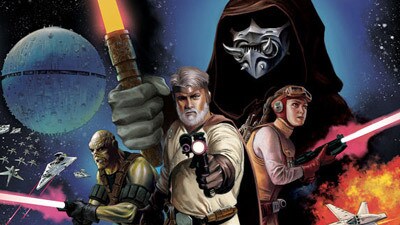 Artwork from the comic book The Star Wars #1, based on George Lucas' early drafts of Star Wars, shows various characters wielding blasters and lightsabers with the Death Star looming in the background.